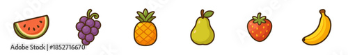 Delightful collection of cartoon fruits featuring watermelon, grapes, pineapple, pear, strawberry, and banana in a vibrant, playful illustration style.