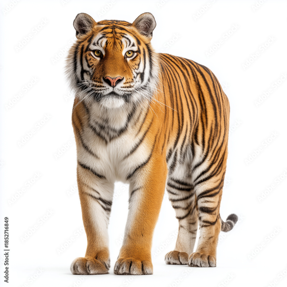 Obraz premium AI-generated image - Majestic tiger (Pantheratigris) standing isolated on a white background, looking directly at the camera. 