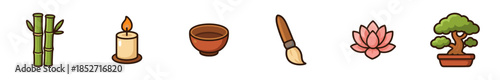 Bamboo, candle, bowl, brush, lotus, bonsai tree icons represent elements of Asian culture, meditation, and natural harmony in a charming cartoon style.
