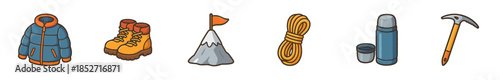 Mountaineering equipment and climbing gear collection featuring a jacket, boots, rope, thermos, and ice axe, alongside a mountain peak with a flag, representing outdoor adventure and expedition.