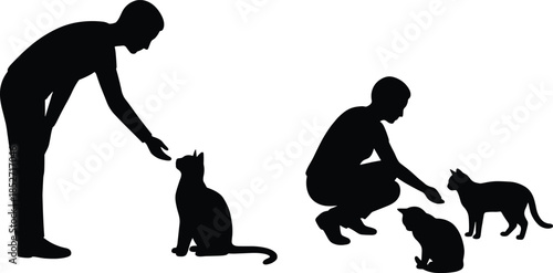 Man silhouette interacting with cats illustration showing care kindness and companionship, human pet relationship concept black vector isolated background design