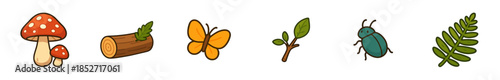 Cute cartoon nature elements mushroom log butterfly beetle fern branch collection featuring charming hand-drawn illustrations for various design projects.
