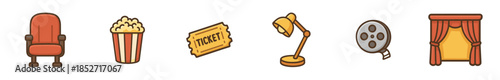 Cinema movie film theater related entertainment icons in a charming cartoon style, perfect for illustrating various aspects of the entertainment industry.