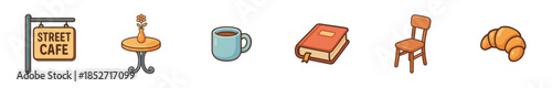Cafe elements collection features a street sign, small table with a flower, coffee mug, book, chair, and a delicious croissant in a charming cartoon style.