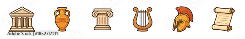 Ancient Greek and Roman historical cultural symbols set, including a temple, amphora, column, lyre, helmet, and scroll, depicted in a charming cartoon style.