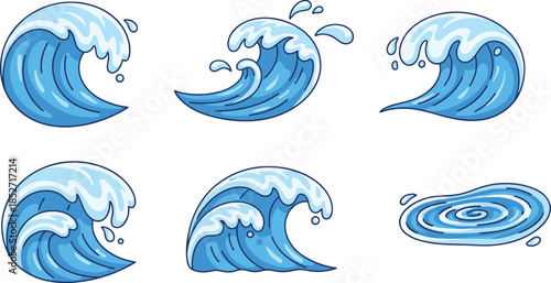Blue ocean wave set, cartoon water splashes, sea surf ripple icons, coastal tide elements, nautical vector collection, liquid motion graphics, whirlpool.