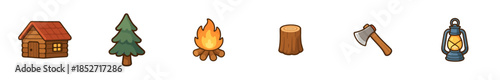 Camping and wilderness icons set featuring essential outdoor elements including a cozy cabin, tall pine tree, warm campfire, sturdy log, sharp axe, and glowing lantern, perfect for adventure themes.