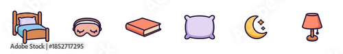 Sleep related items, including a bed, mask, book, pillow, moon, and lamp, are neatly arranged in a row, representing a peaceful bedtime routine.