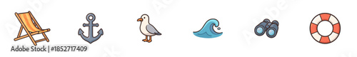 Nautical and beach themed cartoon icons collection featuring a deck chair, anchor, seagull, wave, binoculars, and lifebuoy in a charming illustration.