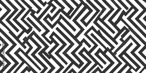Black and white geometric maze pattern with sharp angles and interlocking lines abstract labyrinth