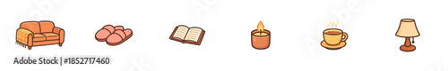 Cozy items for home comfort and relaxation, including a sofa, slippers, book, candle, coffee cup, and lamp, presented as charming cartoon illustrations.