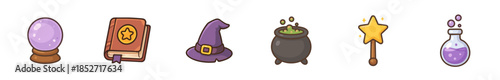 Magical items and witchcraft elements are displayed in a charming cartoon style, featuring a crystal ball, spellbook, witch hat, cauldron, magic wand, and potion bottle.
