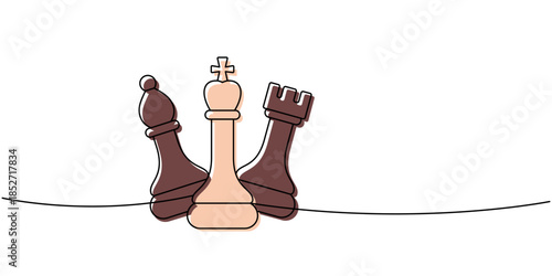 Minimalist chess art of a beige king with brown bishop and rook, linear composition showing power and protection
