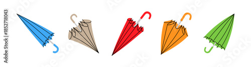 Set of closed umbrellas in bright colors, minimalist vector icons for rain, travel, and weather protection themes