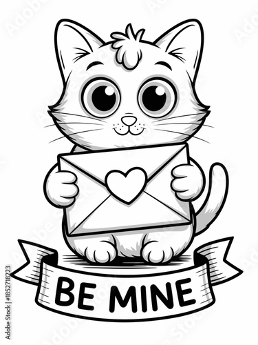 A cartoon cat holds a heart-decorated envelope, likely symbolizing a love letter.