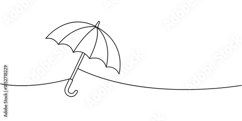 Minimalist linear outline of a single umbrella leaning on a wavy line, abstract black contour illustration of rain protection