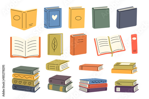 Colorful books in flat hand-drawn style. Variety of reading and literature themes