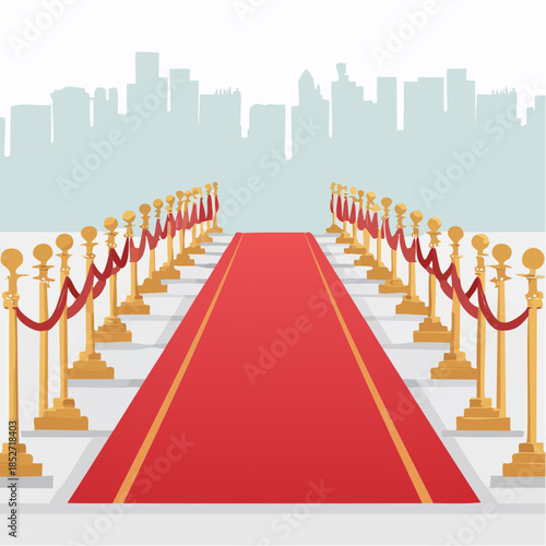 Grand red carpet pathway illustration leading to a city skyline at a prestigious event