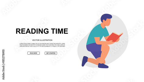 Vector banner with kneeling man reading and bold READING TIME title. Clean flat illustration