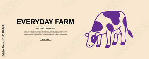 Colorful flat vector cow with purple patches grazing. Modern farm-themed illustration with playful bold design for web, ads, or packaging