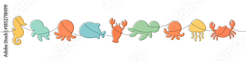 Pastel ocean animals. Seahorse, octopus, fish, crab, jellyfish and turtle, cute minimalist outline silhouettes