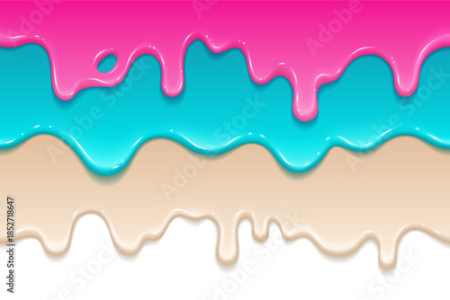 Realistic colorful liquid or gel drips. Seamless horizontal borders vector illustration.