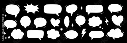 White comic speech bubbles on black background. Bold doodle talk balloons for pop art design, communication, and graphic illustration