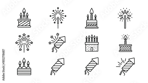 Collection of black line icons featuring various birthday cakes candles and celebratory firework rockets for parties