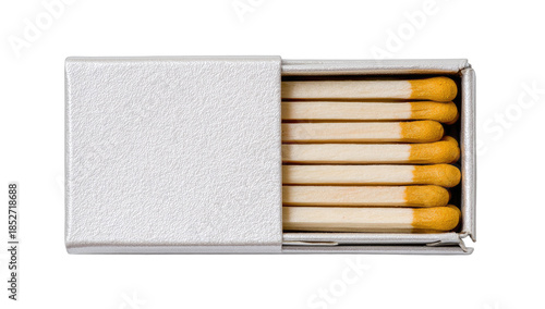 Top view of a white matchbox with eight wooden matches inside