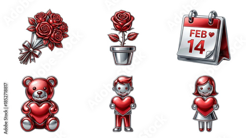 Collection of Metallic Icon set Shiny effect texture Luxury Icon Design PNG High End Metallic Color Item Roses Banquet Calenda Boy and Girl with Red Heart Bear Red Heart with Metallic effect Valentine