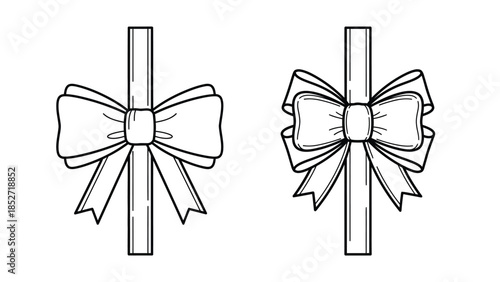 Black and white outline vector illustration set featuring two decorative gift wrapping bows tied onto vertical ribbons