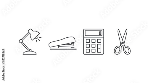A collection of essential office supply line icons including a desk lamp, stapler, calculator and scissor