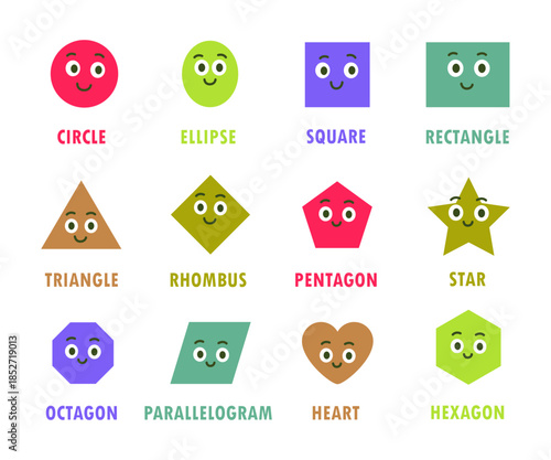 Cute geometric shapes with smiling faces. Fun educational vector for children learning math and geometry