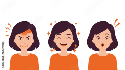 Emotions and facial expressions of a woman in different moods and feelings