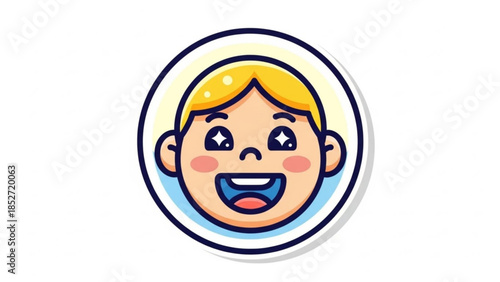 Smiling cartoon child face with blonde hair and rosy cheeks in a circular frame with white background