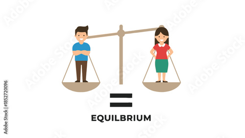 Man and woman in equilibrium on a scale, symbolizing balance and equality