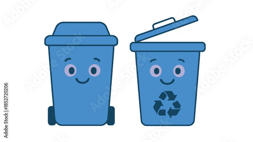 Cute cartoon trash cans for recycling and waste management smiling faces