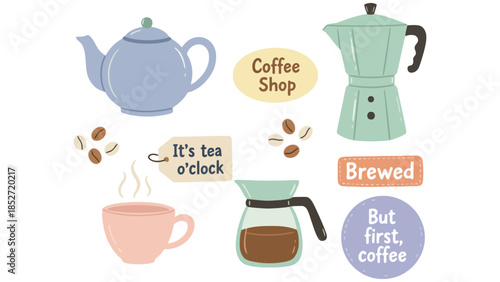Coffee and tea brewing illustration with teapot, coffee maker, and cup