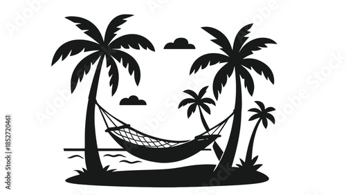 Relaxing tropical island getaway with hammock and palm trees silhouette