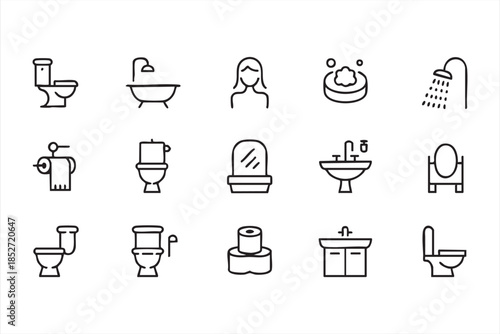 Shower and Hygiene Line Icons for Interior Design Interfaces