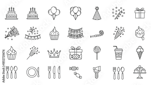Collection of outline icons representing essential elements for celebrating a fun and festive birthday party event