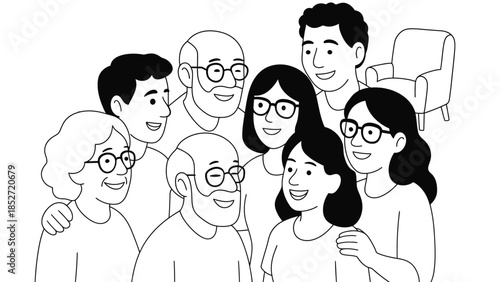 Happy family and friends group smiling together in a cozy living room setting