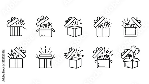 Collection of ten open gift box line icons representing surprises celebrations and festive seasonal delivery concepts