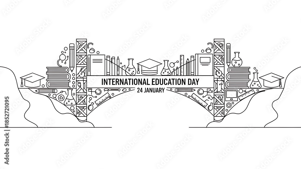 Fototapeta premium International Education Day Celebration Bridge Illustration With Books And Symbols