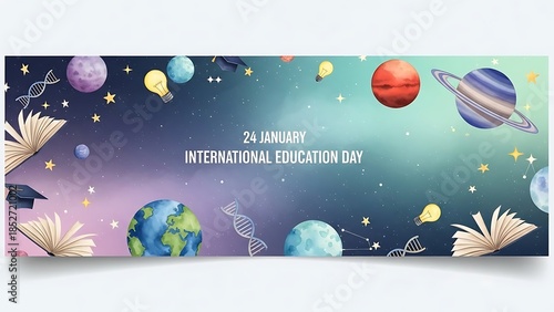 Celebratory International Education Day Banner with Space and Planets Illustration