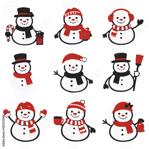 Snowman Icons Set – Minimal Flat Winter Characters in Three-Color Vector Style