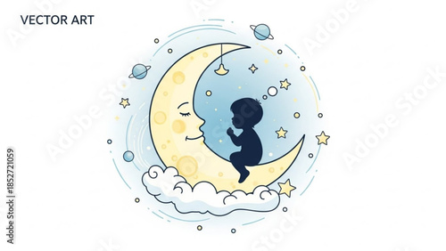 A smiling baby sits on a crescent moon surrounded by stars and planets in a whimsical night scene with soft clouds and a sleeping moon