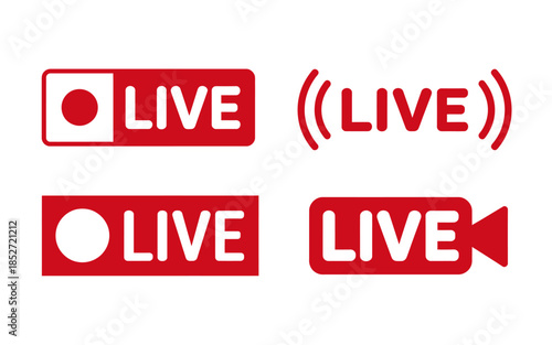 Red live broadcasting labels and icons set isolated on transparent background