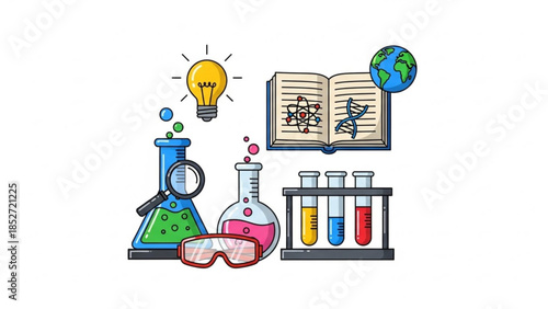 Colorful science equipment with beakers, test tubes, book, globe, and safety goggles on white background, representing education