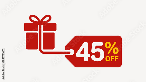 Red gift boxes with large discount tag offering forty five percent off
